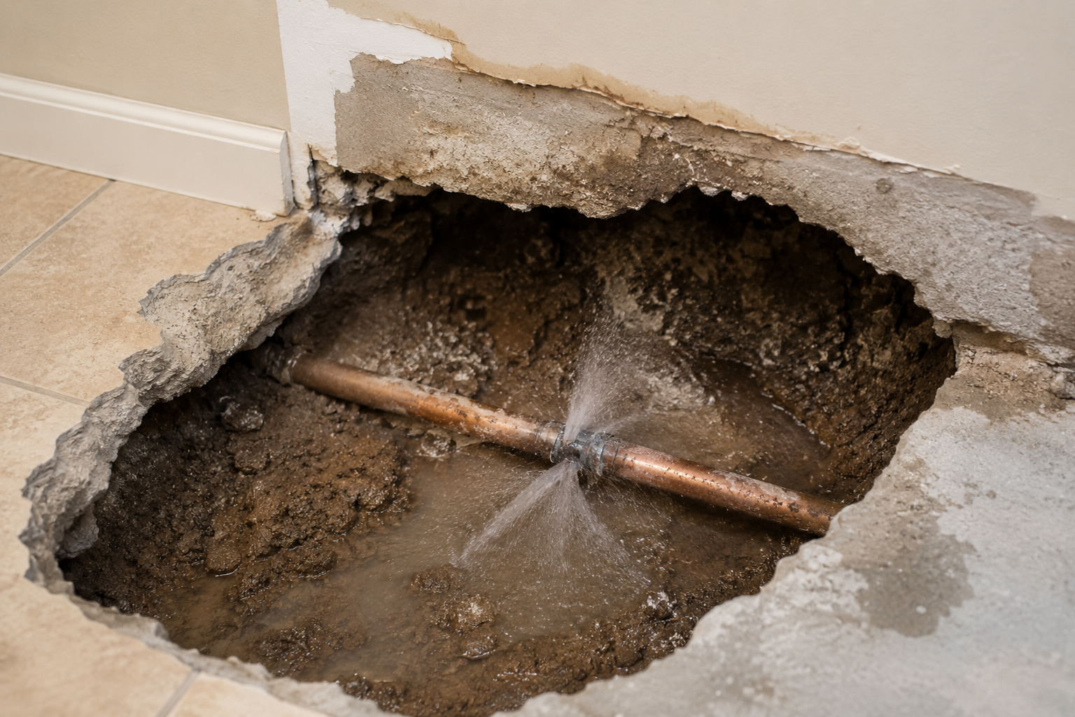 Professional plumber inspecting untreated slab leaks beneath a home's flooring